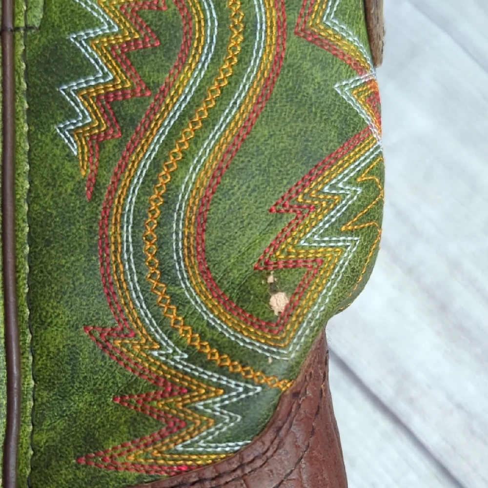 Durango Brown Leather Kids Cowboy Boots with Green Embroidered Shaft